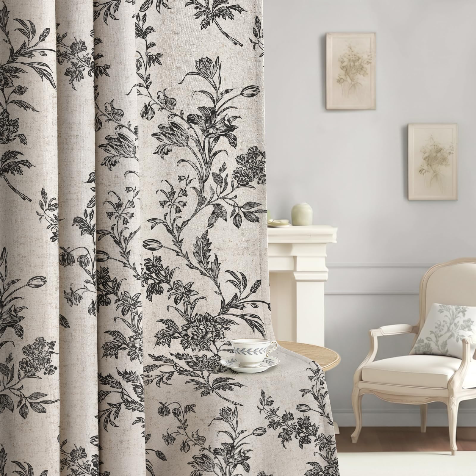 Floral Embroidered Linen Blend Curtains for Bedroom, 84 Inch Light Filtering Spring Farmhouse Vintage Drapes Beige Flower Window Treatments for Living Room Rod Pocket, Set of 2 Panels