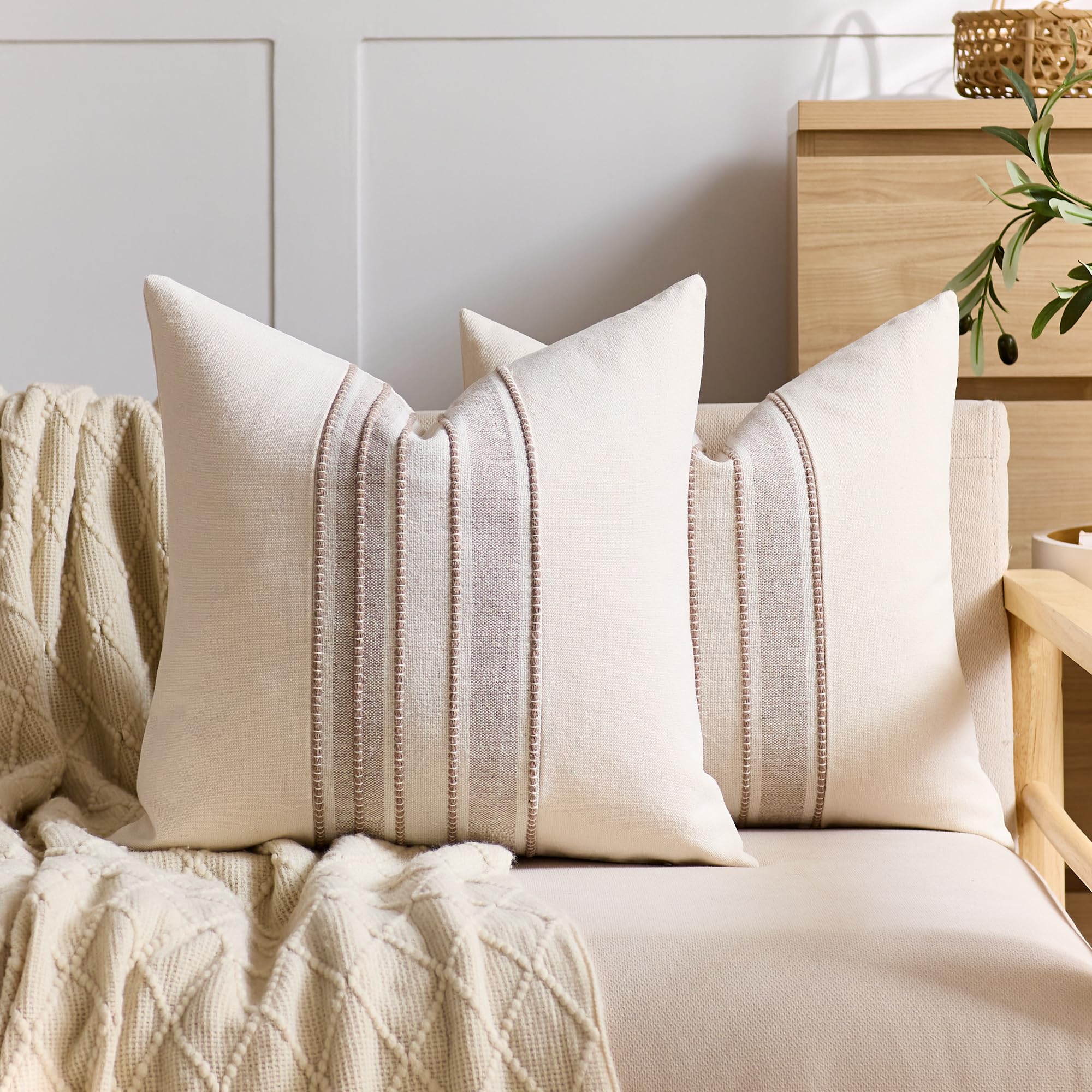 Striped Linen Textured Throw Pillow Covers 18x18 Inch Set of 2,Boho Decorative Cushion Covers, Neutral Navy Blue Accent Pillowcases for Couch, Sofa, Bed Farmhouse & Modern Living Room Decor