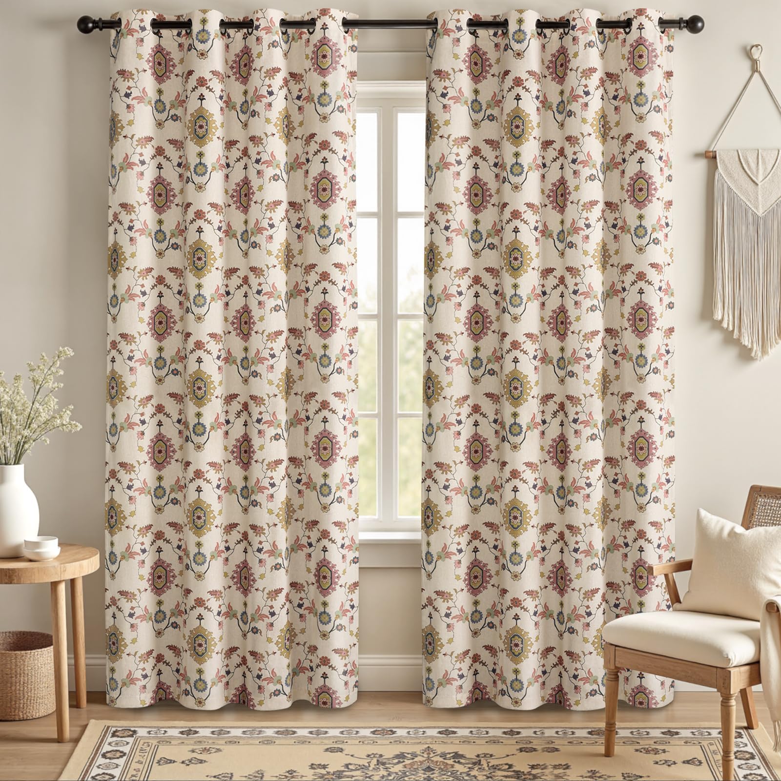 Floral Embroidered Linen Blend Curtains for Bedroom, 84 Inch Light Filtering Spring Farmhouse Vintage Drapes Beige Flower Window Treatments for Living Room Rod Pocket, Set of 2 Panels