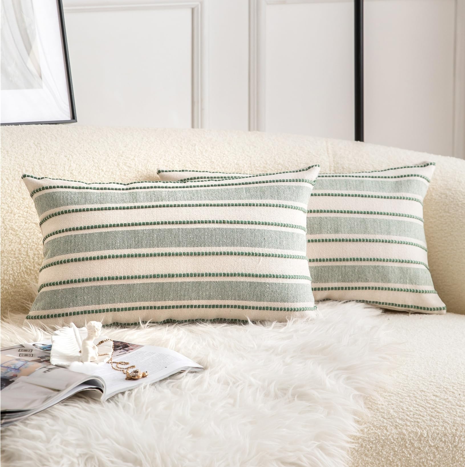 Cethom Decorative Boho Throw Pillow Covers, Farmhouse Textured Pillow Case, 20 x 20 Inch Set of 2, Chair Sofa Bedroom Living Room Home Decor Couch Cushion Case, Classic Blue and Beige Striped