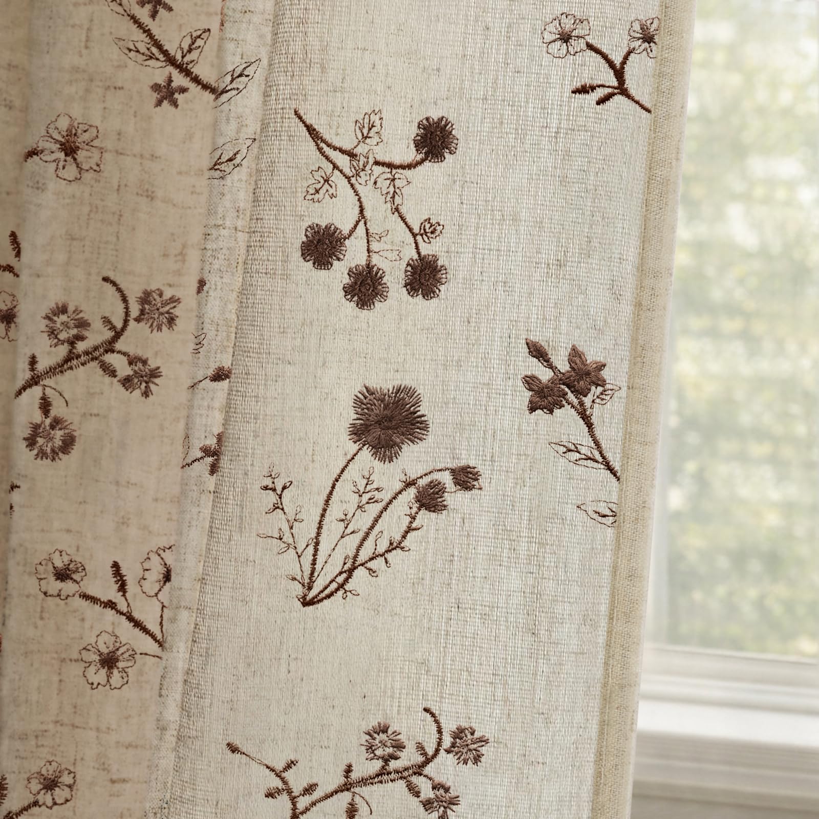 Floral Embroidered Linen Blend Curtains for Bedroom, 84 Inch Light Filtering Spring Farmhouse Vintage Drapes Beige Flower Window Treatments for Living Room Rod Pocket, Set of 2 Panels