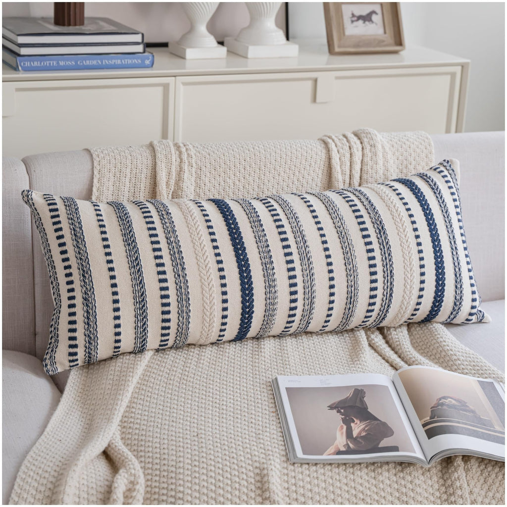 Cethom Navy Blue Boho Throw Pillow Covers 20x20 Inch Set of 2, Stripe Textured Decorative Couch Pillow Cases for Bed, Sofa, Living Room, Bedroom, Farmhouse Home Accent Cushion Covers