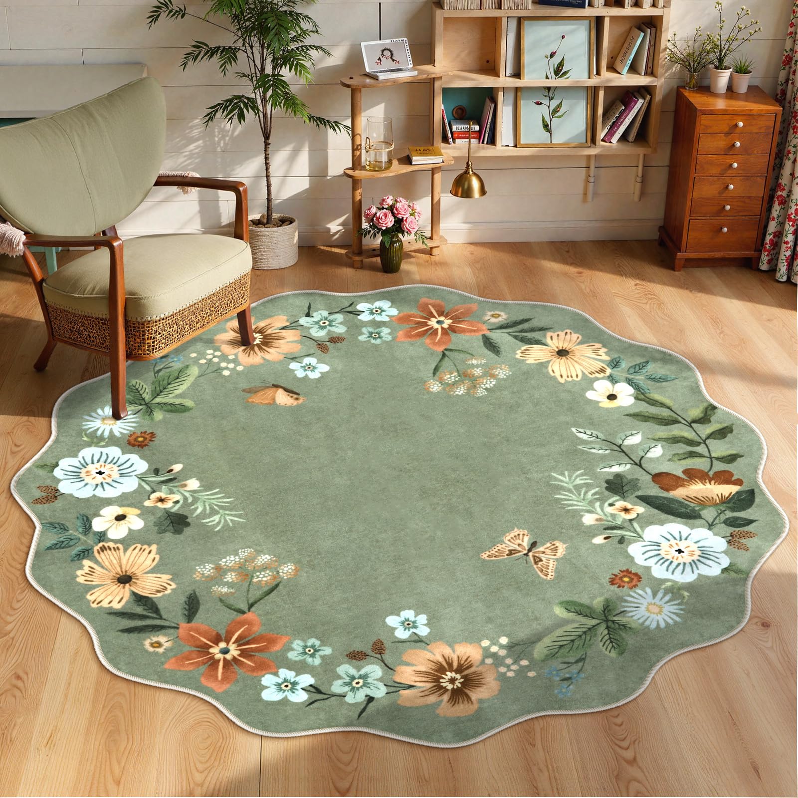 Lahome Floral Living Room Rugs, Area Rugs 5x7 Rug for Bedroom Ultra-Thin Soft Rug, Non-Slip Washable Rugs Stain Resistant Boho Rug Flore Throw Rug for ‎Dining Room Office (5x7ft,Green)
