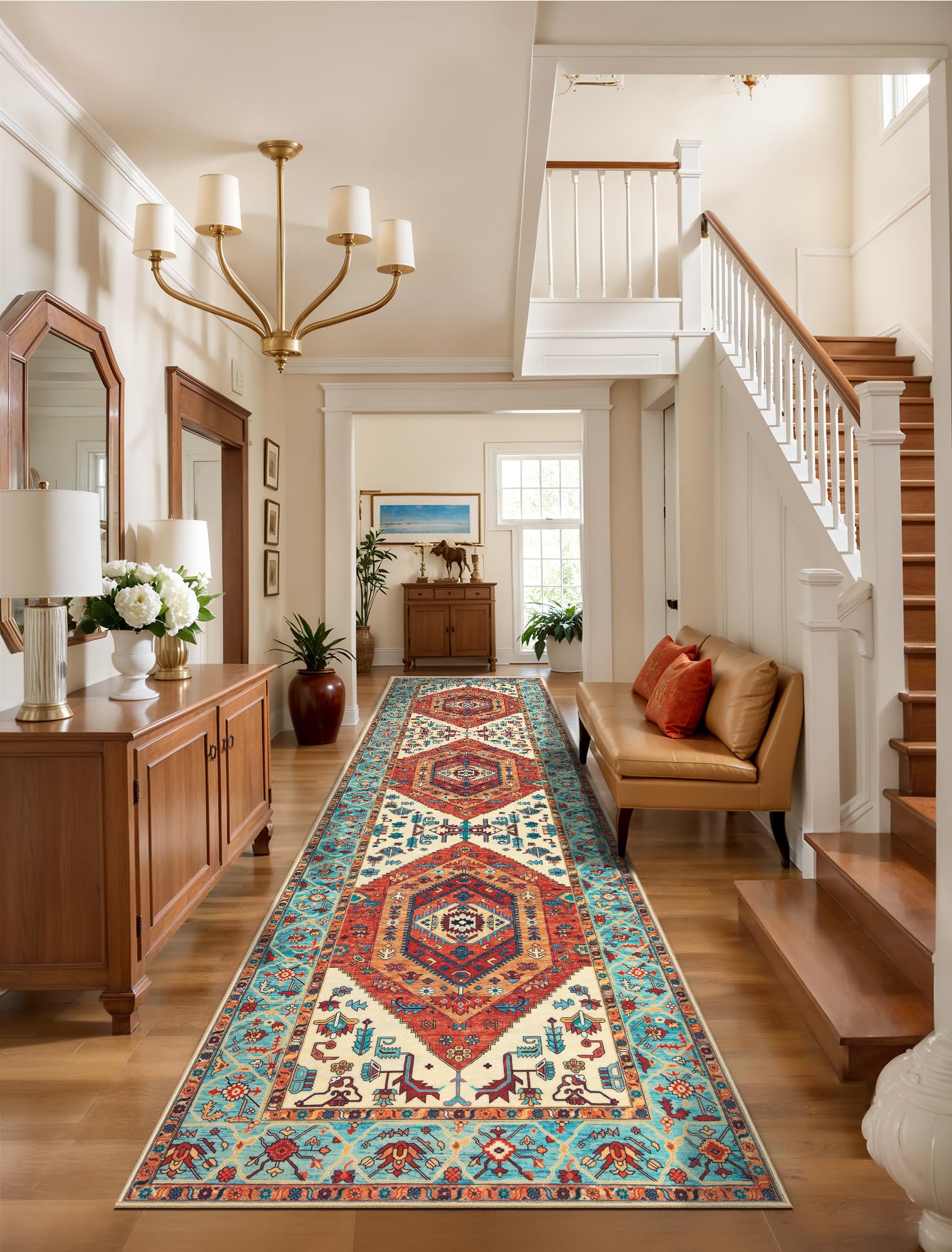 SERISSA Washable Rugs 8x10 Area Rugs, Large Non-Slip Boho Living Room Rust Rug, Ultra Soft Vintage Print Distressed Oriental Tribal Farmhouse Carpet for Dining Room Bedroom Dorm Office Home Decor