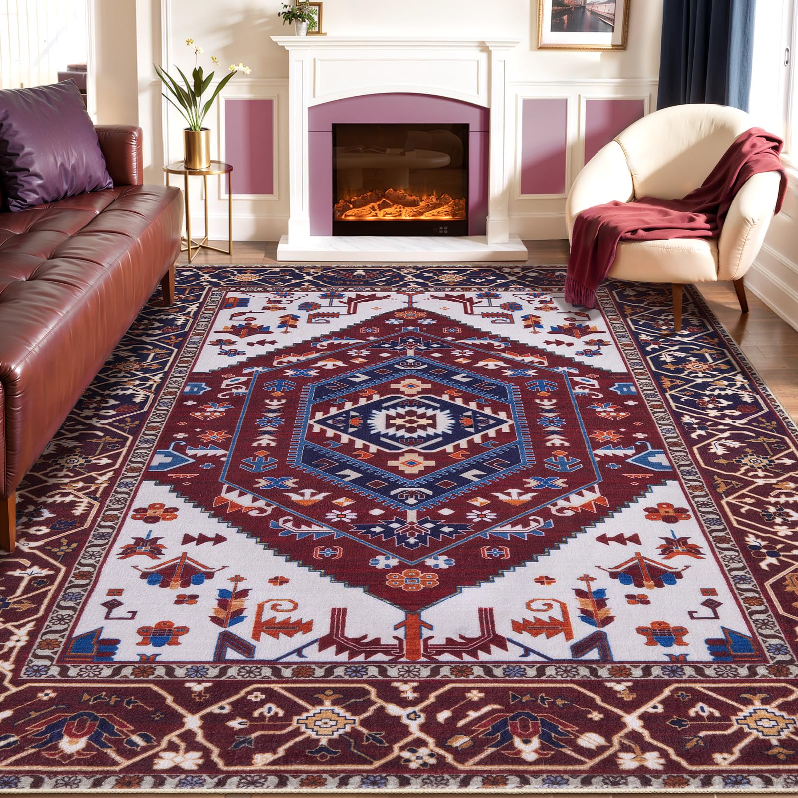 SERISSA Washable Rugs 8x10 Area Rugs, Large Non-Slip Boho Living Room Rust Rug, Ultra Soft Vintage Print Distressed Oriental Tribal Farmhouse Carpet for Dining Room Bedroom Dorm Office Home Decor