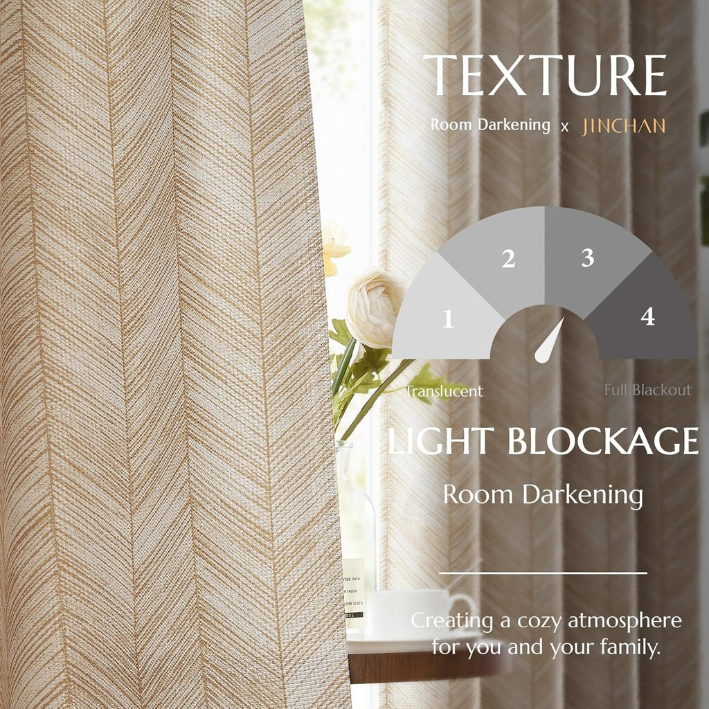 jinchan Taupe Printed Curtains Modern Jacquard Curtains with Herringbone Geometric Zigzag Pattern Room Darkening Drapes for Living Room Bedroom Grommet Top Window Treatments 63 Inch Length 2 Panels