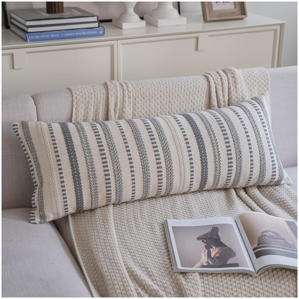 Cethom Navy Blue Boho Throw Pillow Covers 20x20 Inch Set of 2, Stripe Textured Decorative Couch Pillow Cases for Bed, Sofa, Living Room, Bedroom, Farmhouse Home Accent Cushion Covers