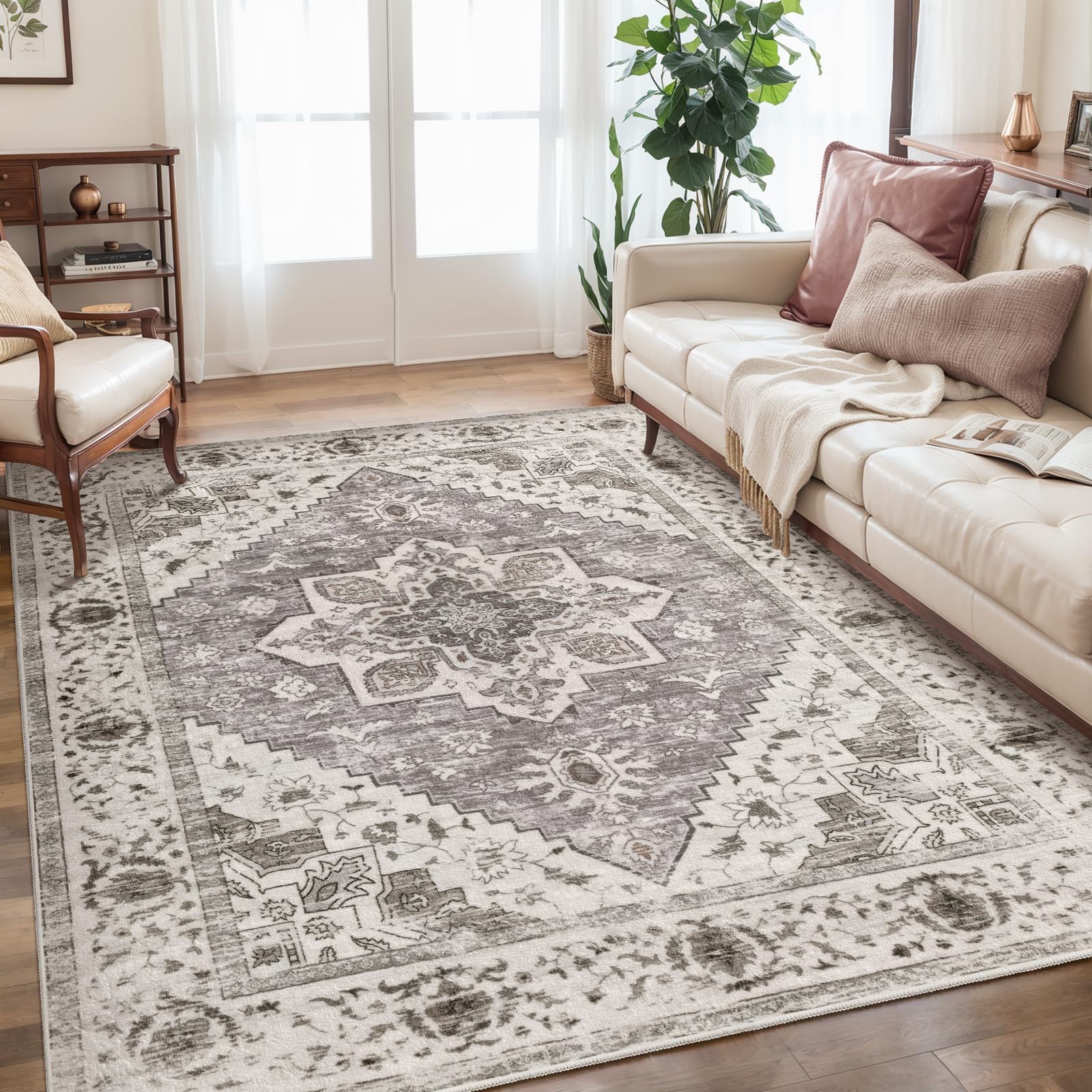 SERISSA Washable Rugs 8x10 Area Rugs, Large Non-Slip Boho Living Room Rust Rug, Ultra Soft Vintage Print Distressed Oriental Tribal Farmhouse Carpet for Dining Room Bedroom Dorm Office Home Decor