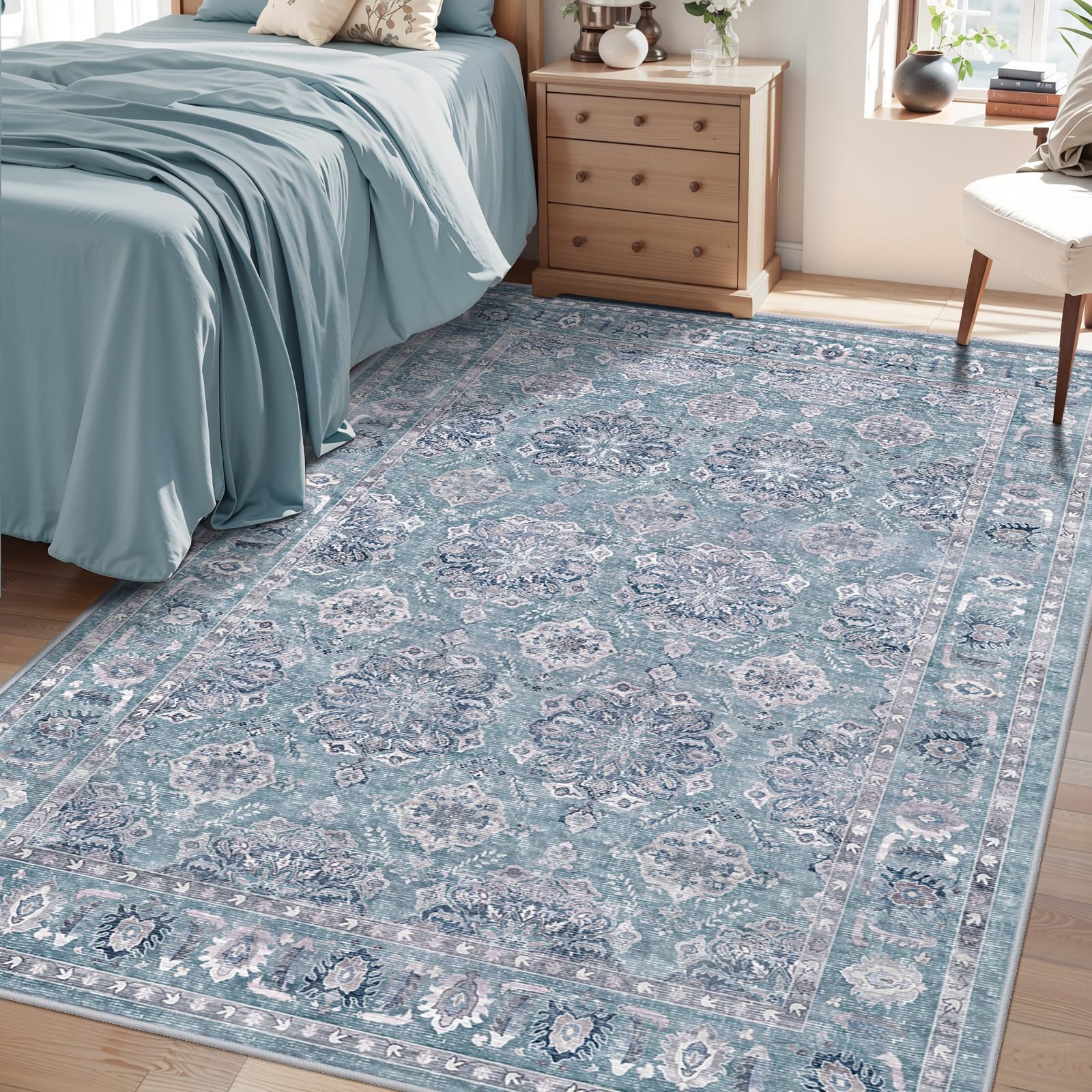 SERISSA Washable Rugs 8x10 Area Rugs, Large Non-Slip Boho Living Room Rust Rug, Ultra Soft Vintage Print Distressed Oriental Tribal Farmhouse Carpet for Dining Room Bedroom Dorm Office Home Decor