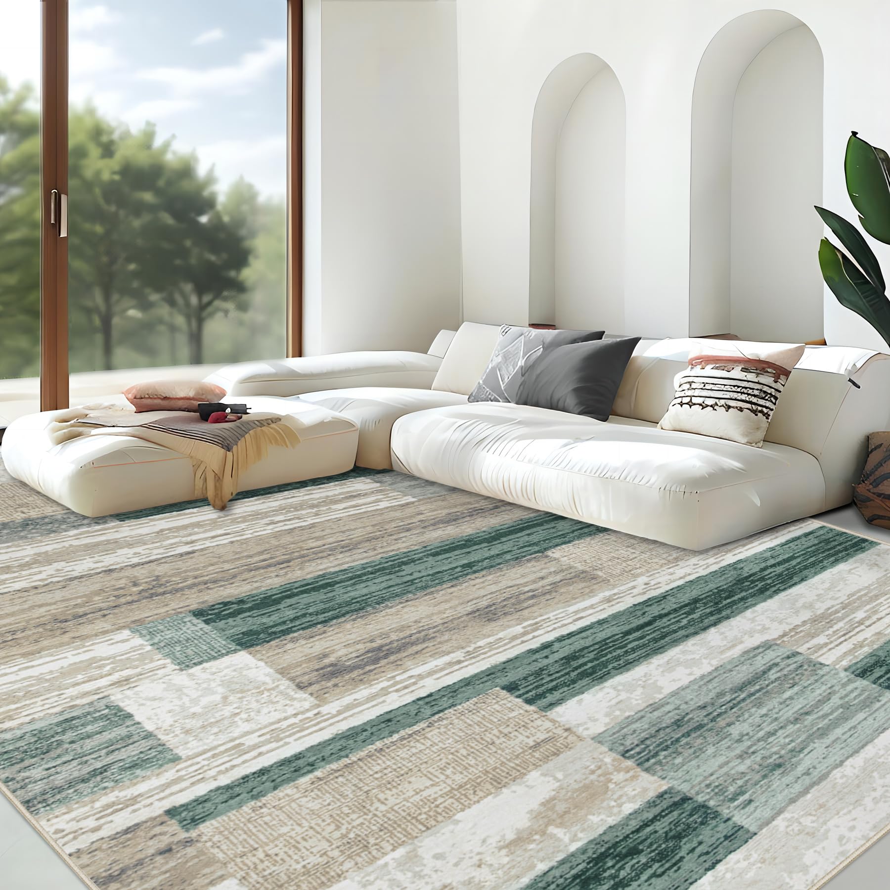 Area Rug Living Room Rugs 8x10 - Large Soft Boho Geometric Rug, Non-Slip Foldable Washable Rugs Non Shedding Morden Indoor Floor Carpet for Living Room Bedroom Office Dining Room(Brown Green,8'x10')