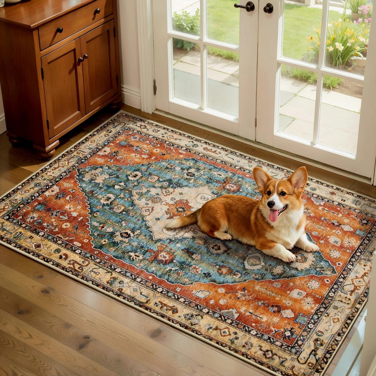 SERISSA Washable Rugs 8x10 Area Rugs, Large Non-Slip Boho Living Room Rust Rug, Ultra Soft Vintage Print Distressed Oriental Tribal Farmhouse Carpet for Dining Room Bedroom Dorm Office Home Decor