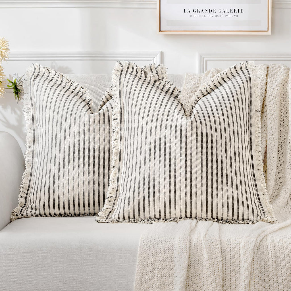 MIULEE Pack of 2 Black Pillow Covers 20x20 Inch Striped Farmhouse Couch Throw Pillow Covers with Fringe Chic Linen Decorative Cushion Covers for Sofa Living Room Bed Outdoor Home Decor
