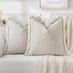 MIULEE Pack of 2 Black Pillow Covers 20x20 Inch Striped Farmhouse Couch Throw Pillow Covers with Fringe Chic Linen Decorative Cushion Covers for Sofa Living Room Bed Outdoor Home Decor