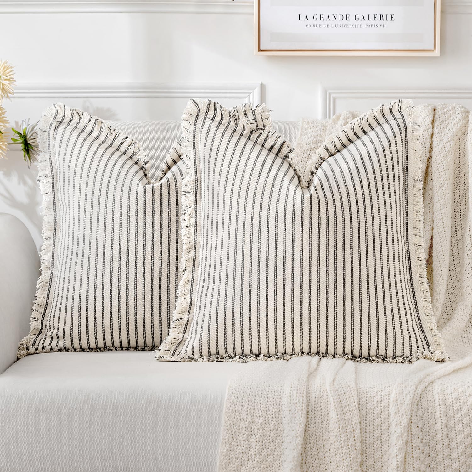 MIULEE Pack of 2 Black Pillow Covers 20x20 Inch Striped Farmhouse Couch Throw Pillow Covers with Fringe Chic Linen Decorative Cushion Covers for Sofa Living Room Bed Outdoor Home Decor