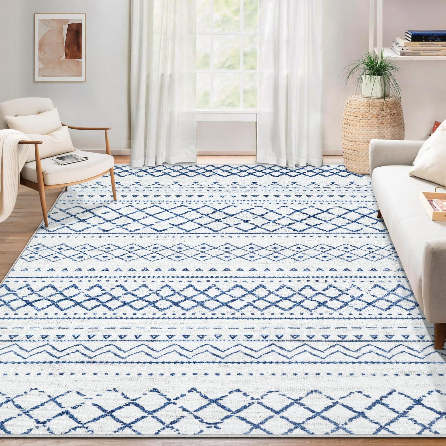 Area Rug Living Room Rugs 8x10 - Large Soft Boho Geometric Rug, Non-Slip Foldable Washable Rugs Non Shedding Morden Indoor Floor Carpet for Living Room Bedroom Office Dining Room(Brown Green,8'x10')