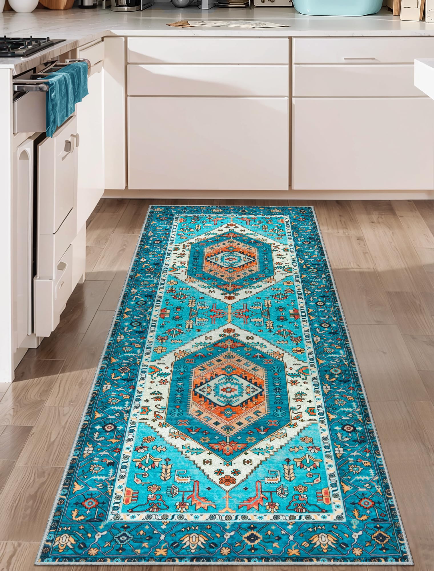 SERISSA Washable Rugs 8x10 Area Rugs, Large Non-Slip Boho Living Room Rust Rug, Ultra Soft Vintage Print Distressed Oriental Tribal Farmhouse Carpet for Dining Room Bedroom Dorm Office Home Decor