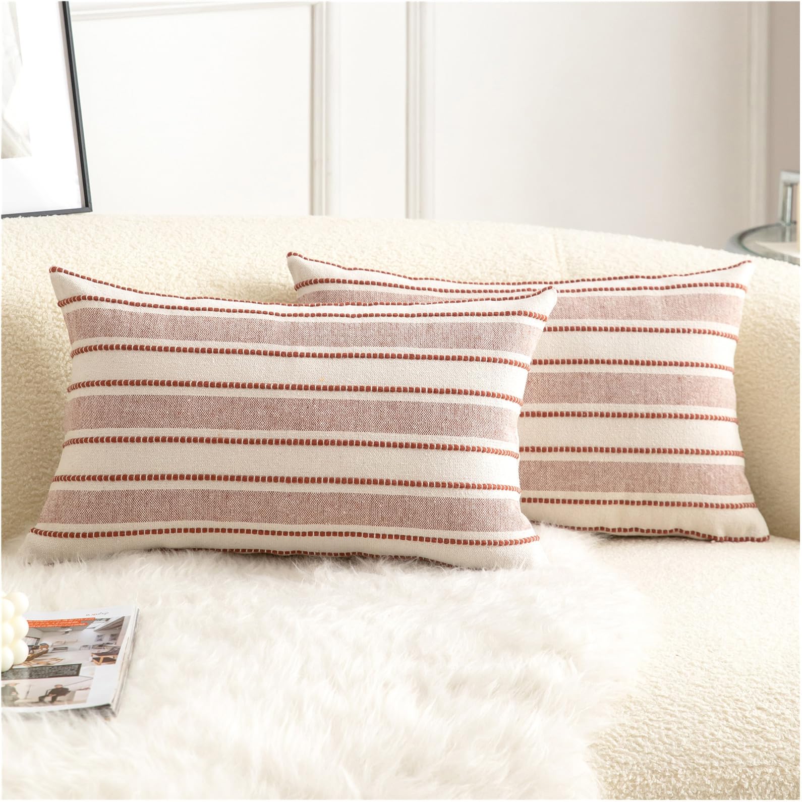 Cethom Decorative Boho Throw Pillow Covers, Farmhouse Textured Pillow Case, 20 x 20 Inch Set of 2, Chair Sofa Bedroom Living Room Home Decor Couch Cushion Case, Classic Blue and Beige Striped