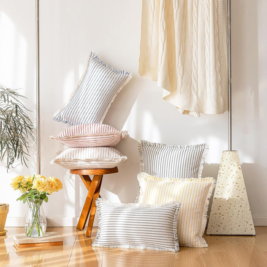YEENAASY Throw Pillow Covers 18x18 Set of 2 Striped Fringe Pillow Cover Farmhouse Cushion Covers with Tassel Neutral Boho Pillows Decorative Square Pillowcase for Couch Sofa Bed, Khaki