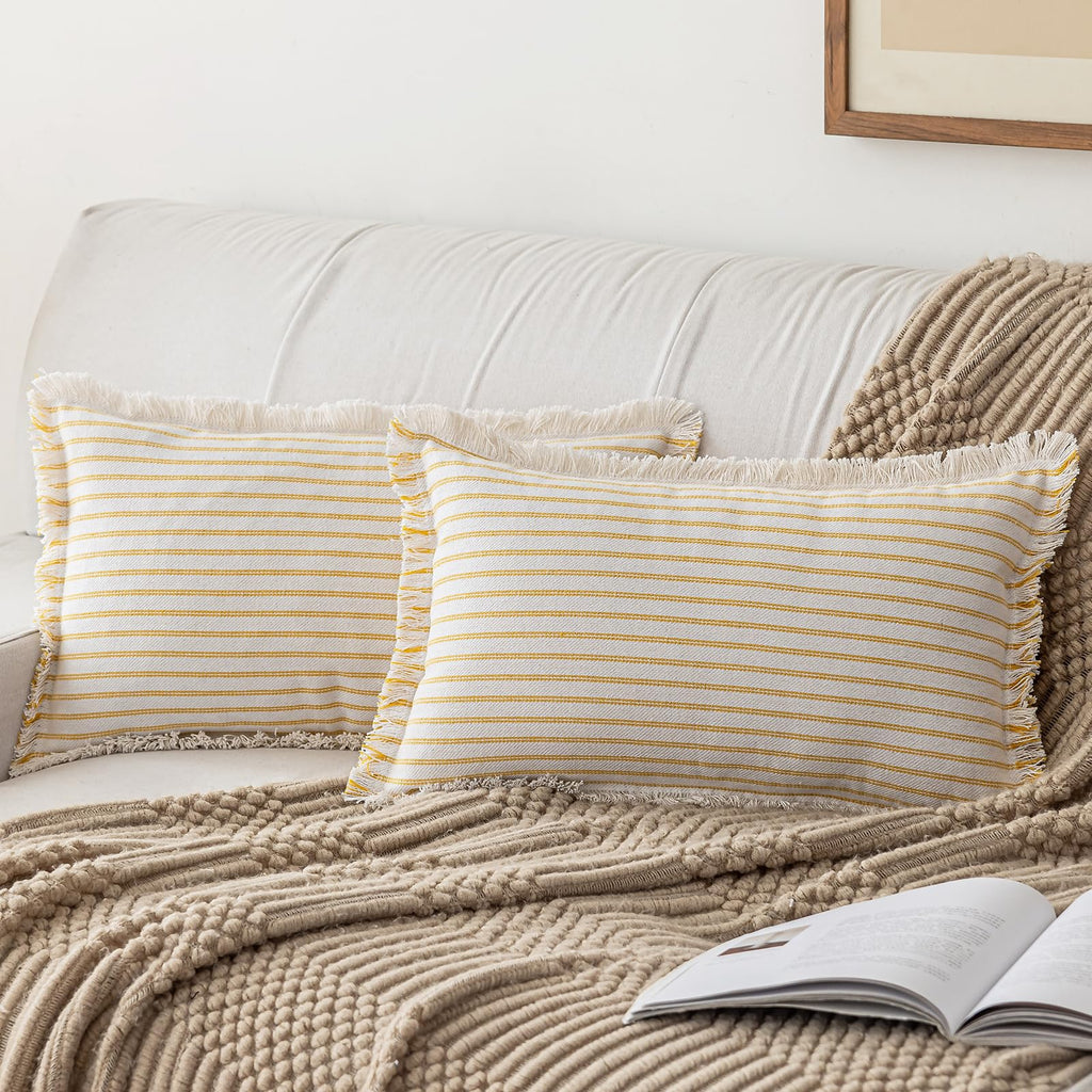 YEENAASY Throw Pillow Covers 18x18 Set of 2 Striped Fringe Pillow Cover Farmhouse Cushion Covers with Tassel Neutral Boho Pillows Decorative Square Pillowcase for Couch Sofa Bed, Khaki