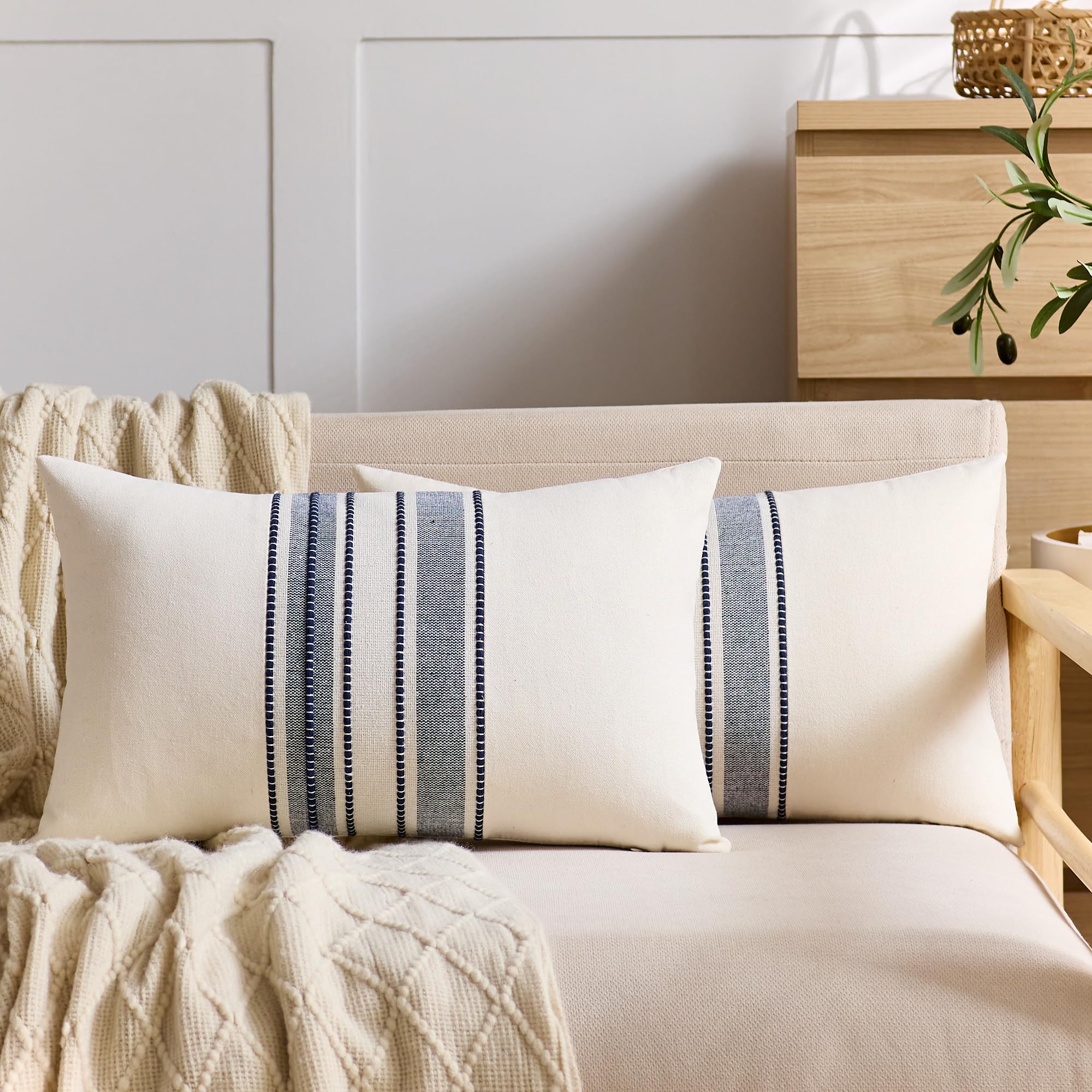 Striped Linen Textured Throw Pillow Covers 18x18 Inch Set of 2,Boho Decorative Cushion Covers, Neutral Navy Blue Accent Pillowcases for Couch, Sofa, Bed Farmhouse & Modern Living Room Decor