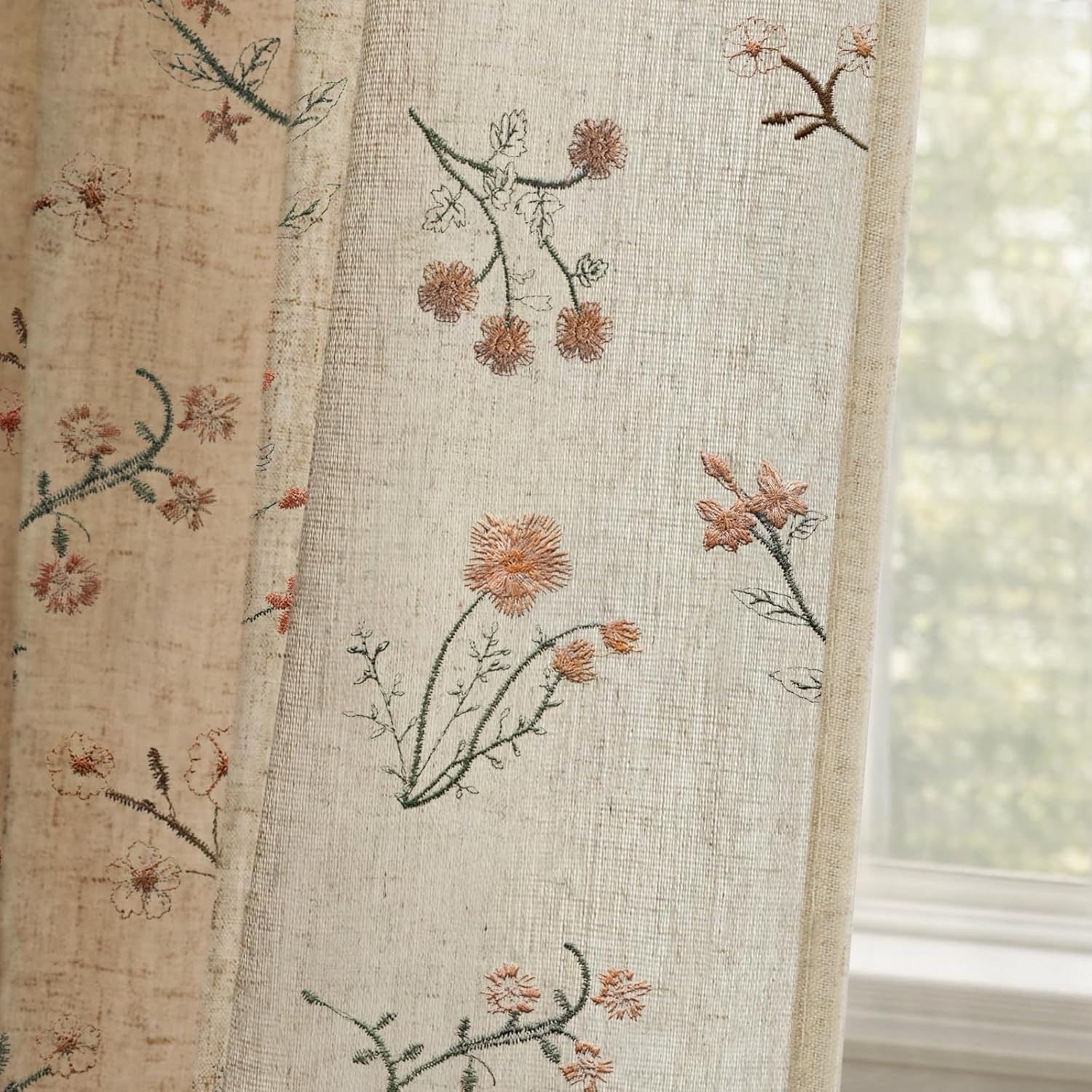 Floral Embroidered Linen Blend Curtains for Bedroom, 84 Inch Light Filtering Spring Farmhouse Vintage Drapes Beige Flower Window Treatments for Living Room Rod Pocket, Set of 2 Panels
