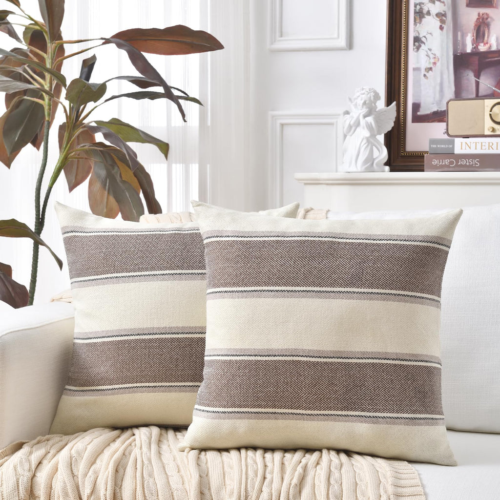 AmHoo Pack of 2 Farmhouse Linen Throw Pillow Cover Cushion Stripe Decoration Buffalo Retro Pillowcase with Hidden Zipper for Sofa Bedroom Car 18 x 18 Inch Blue