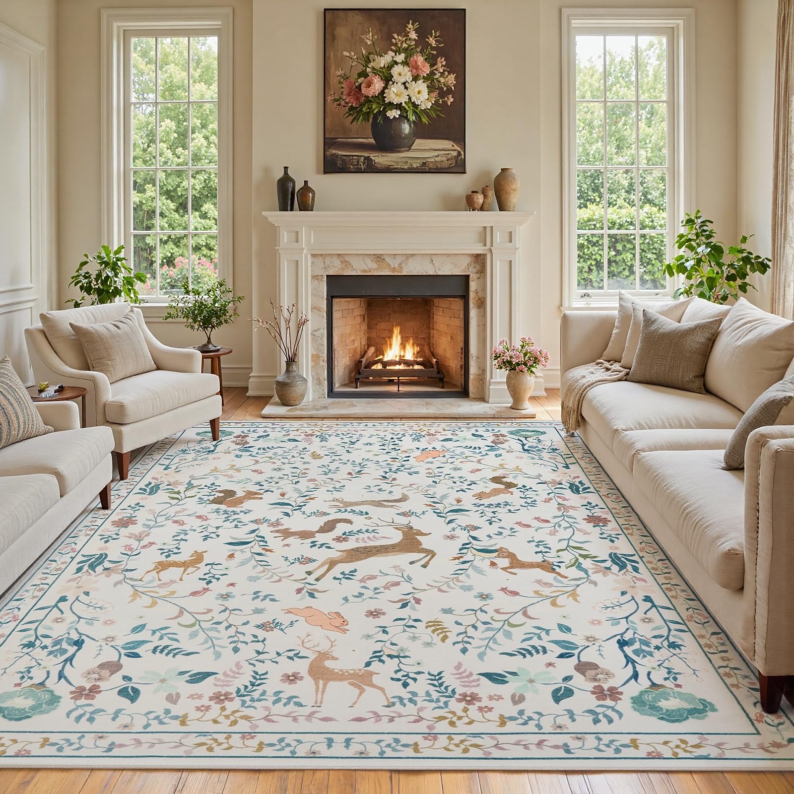 8x10 Beige Boho Floral Washable Non-Slip Thin Area Rug for Indoor Spaces