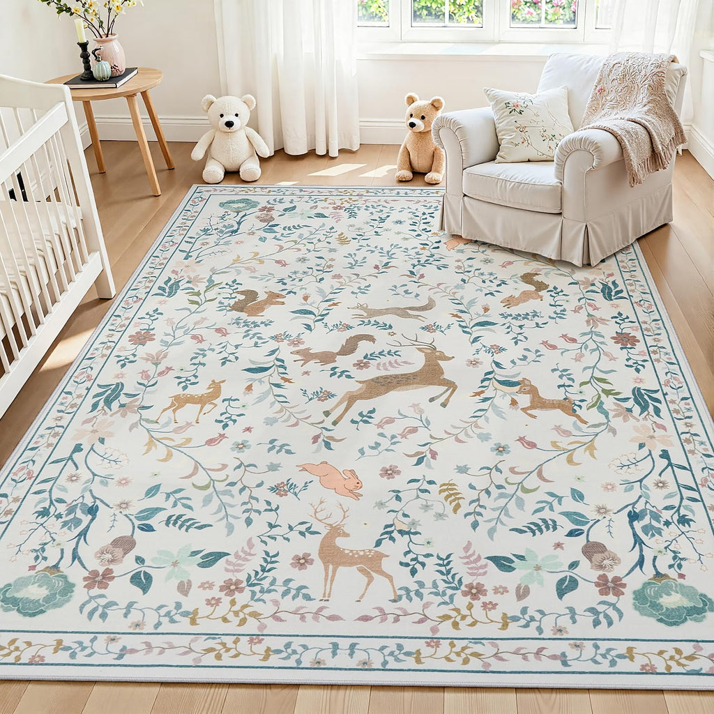 8x10 Beige Boho Floral Washable Non-Slip Thin Area Rug for Indoor Spaces