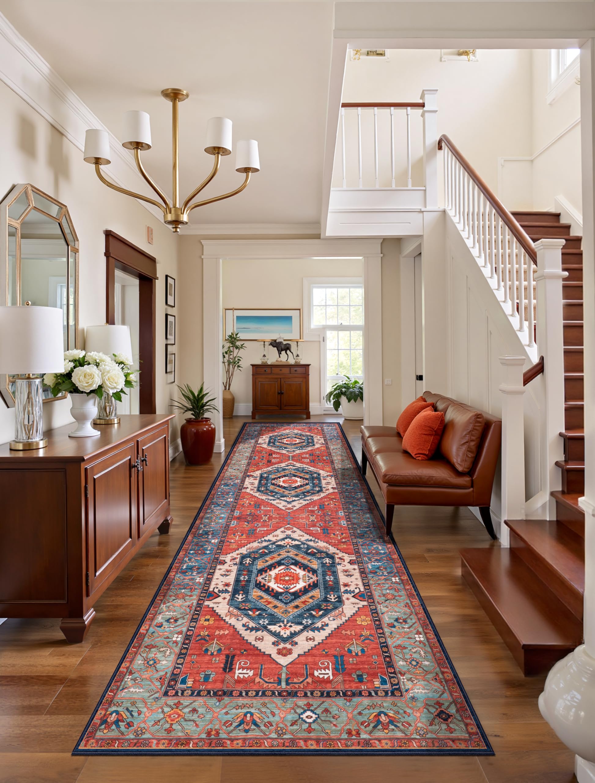 SERISSA Washable Rugs 8x10 Area Rugs, Large Non-Slip Boho Living Room Rust Rug, Ultra Soft Vintage Print Distressed Oriental Tribal Farmhouse Carpet for Dining Room Bedroom Dorm Office Home Decor