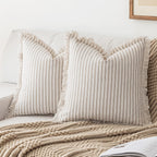 YEENAASY Throw Pillow Covers 18x18 Set of 2 Striped Fringe Pillow Cover Farmhouse Cushion Covers with Tassel Neutral Boho Pillows Decorative Square Pillowcase for Couch Sofa Bed, Khaki
