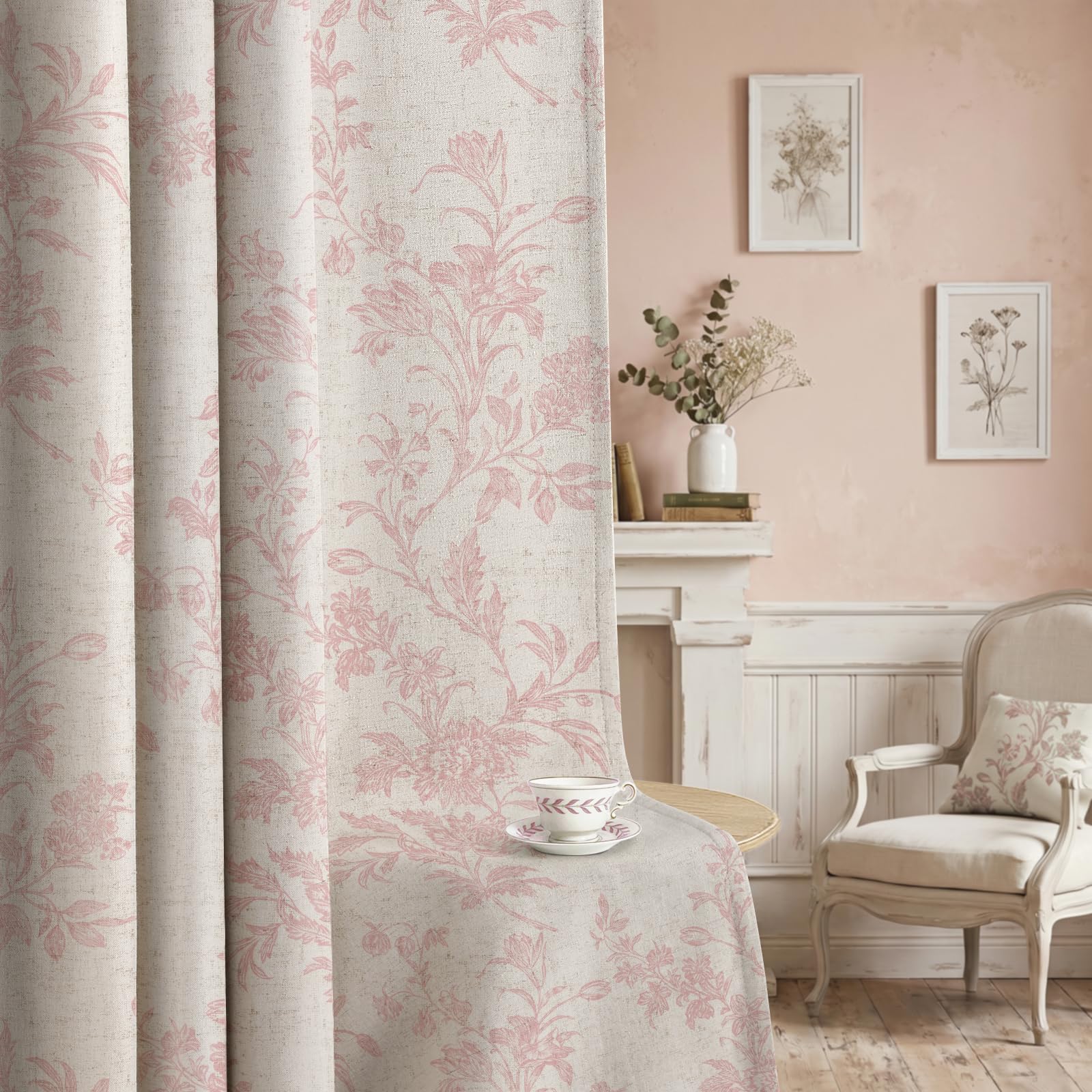 Floral Embroidered Linen Blend Curtains for Bedroom, 84 Inch Light Filtering Spring Farmhouse Vintage Drapes Beige Flower Window Treatments for Living Room Rod Pocket, Set of 2 Panels