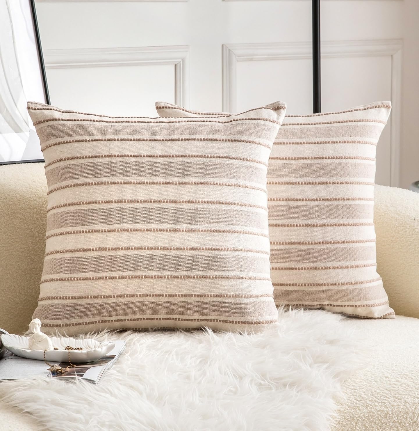 Cethom Decorative Boho Throw Pillow Covers, Farmhouse Textured Pillow Case, 20 x 20 Inch Set of 2, Chair Sofa Bedroom Living Room Home Decor Couch Cushion Case, Classic Blue and Beige Striped
