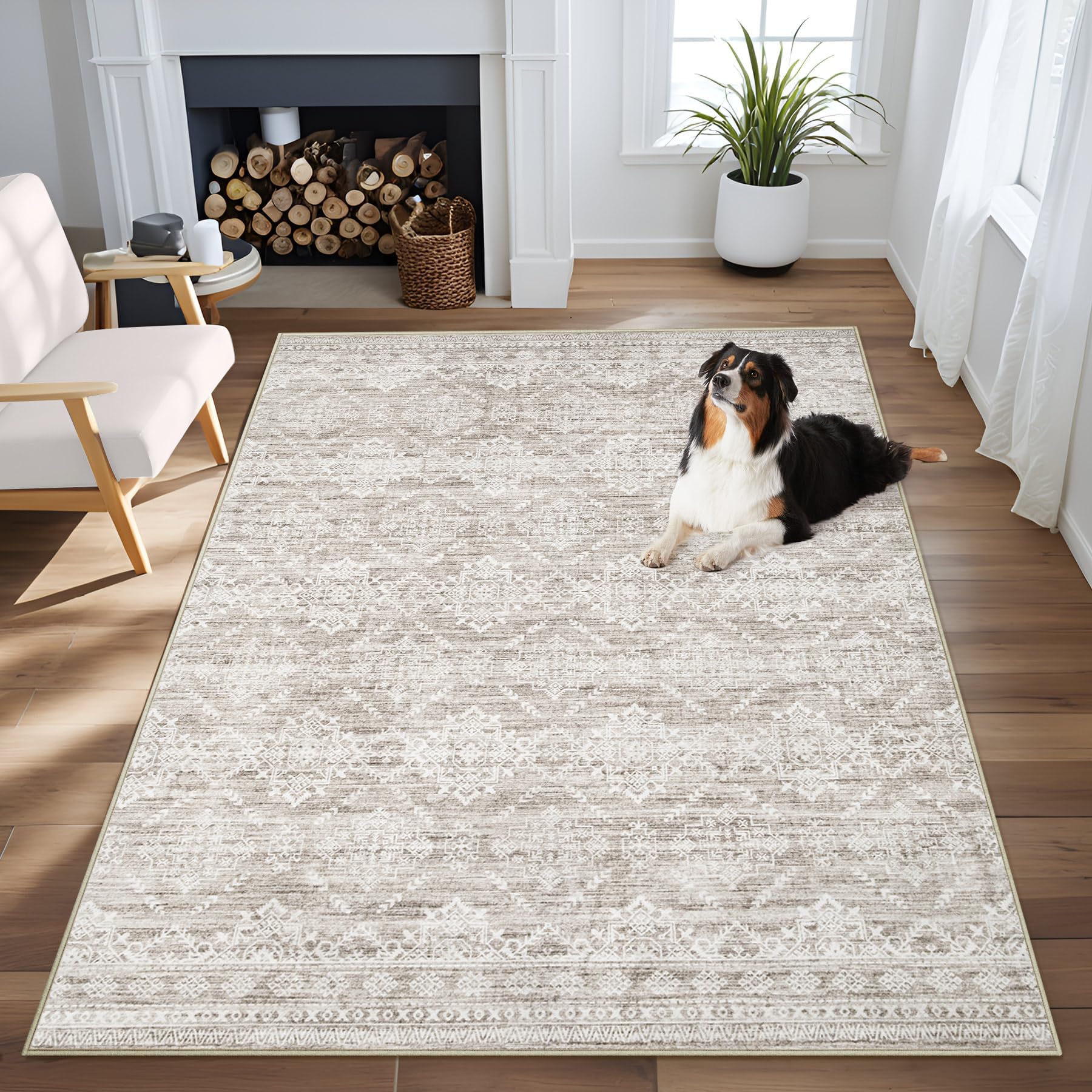 Area Rug Living Room Rugs 8x10 - Large Soft Boho Geometric Rug, Non-Slip Foldable Washable Rugs Non Shedding Morden Indoor Floor Carpet for Living Room Bedroom Office Dining Room(Brown Green,8'x10')