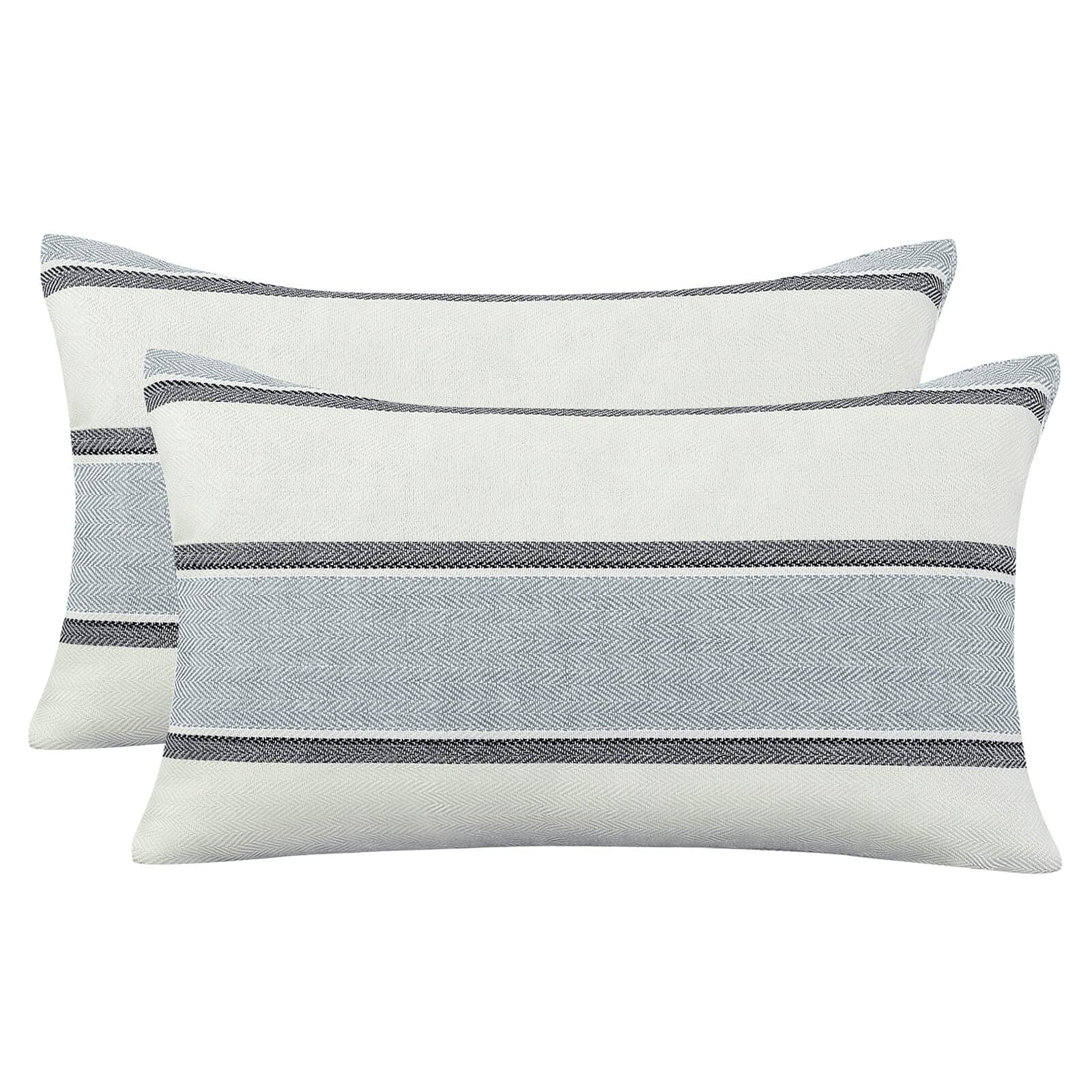 AmHoo Pack of 2 Farmhouse Linen Throw Pillow Cover Cushion Stripe Decoration Buffalo Retro Pillowcase with Hidden Zipper for Sofa Bedroom Car 18 x 18 Inch Blue