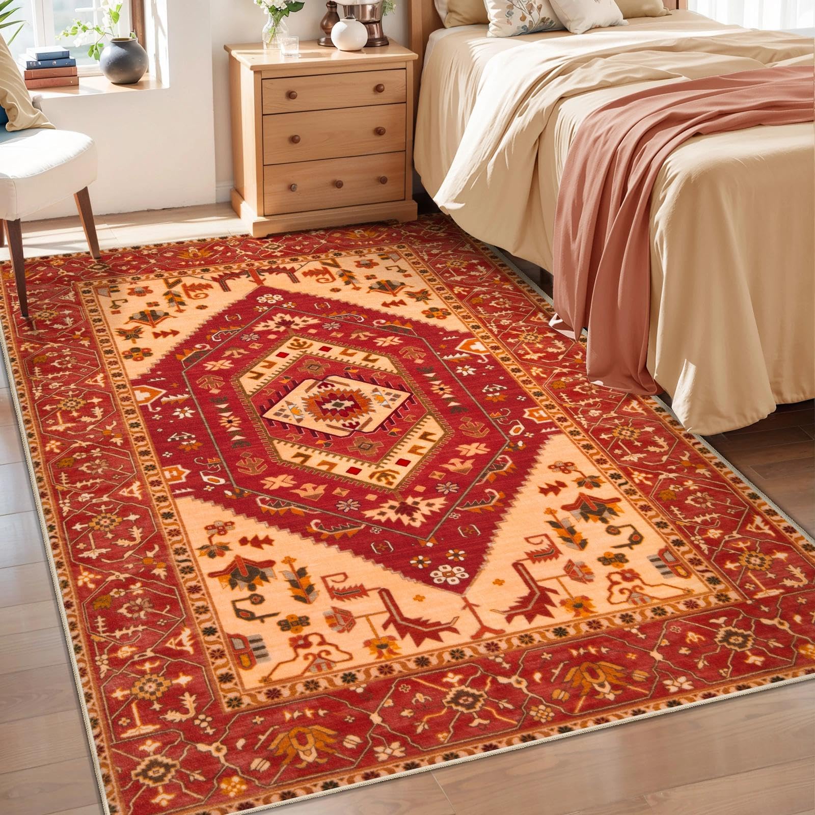 SERISSA Washable Rugs 8x10 Area Rugs, Large Non-Slip Boho Living Room Rust Rug, Ultra Soft Vintage Print Distressed Oriental Tribal Farmhouse Carpet for Dining Room Bedroom Dorm Office Home Decor