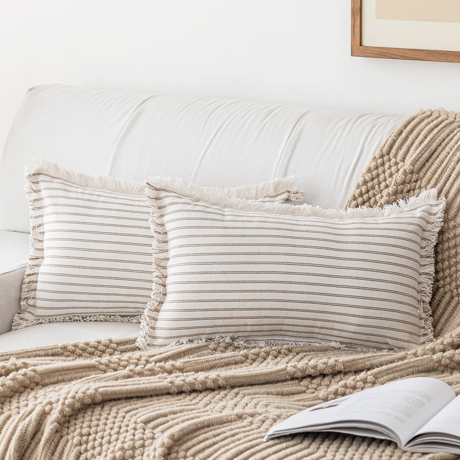 YEENAASY Throw Pillow Covers 18x18 Set of 2 Striped Fringe Pillow Cover Farmhouse Cushion Covers with Tassel Neutral Boho Pillows Decorative Square Pillowcase for Couch Sofa Bed, Khaki