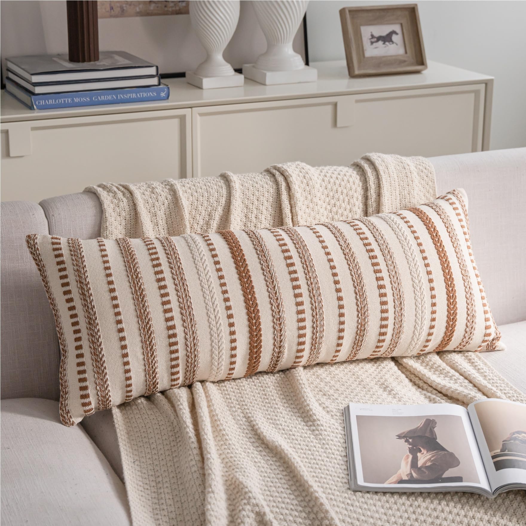 Cethom Navy Blue Boho Throw Pillow Covers 20x20 Inch Set of 2, Stripe Textured Decorative Couch Pillow Cases for Bed, Sofa, Living Room, Bedroom, Farmhouse Home Accent Cushion Covers