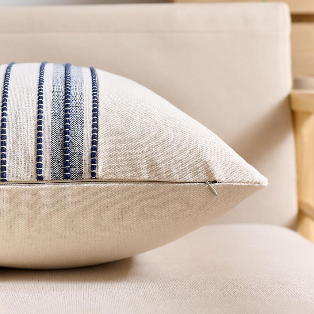 Striped Linen Textured Throw Pillow Covers 18x18 Inch Set of 2,Boho Decorative Cushion Covers, Neutral Navy Blue Accent Pillowcases for Couch, Sofa, Bed Farmhouse & Modern Living Room Decor
