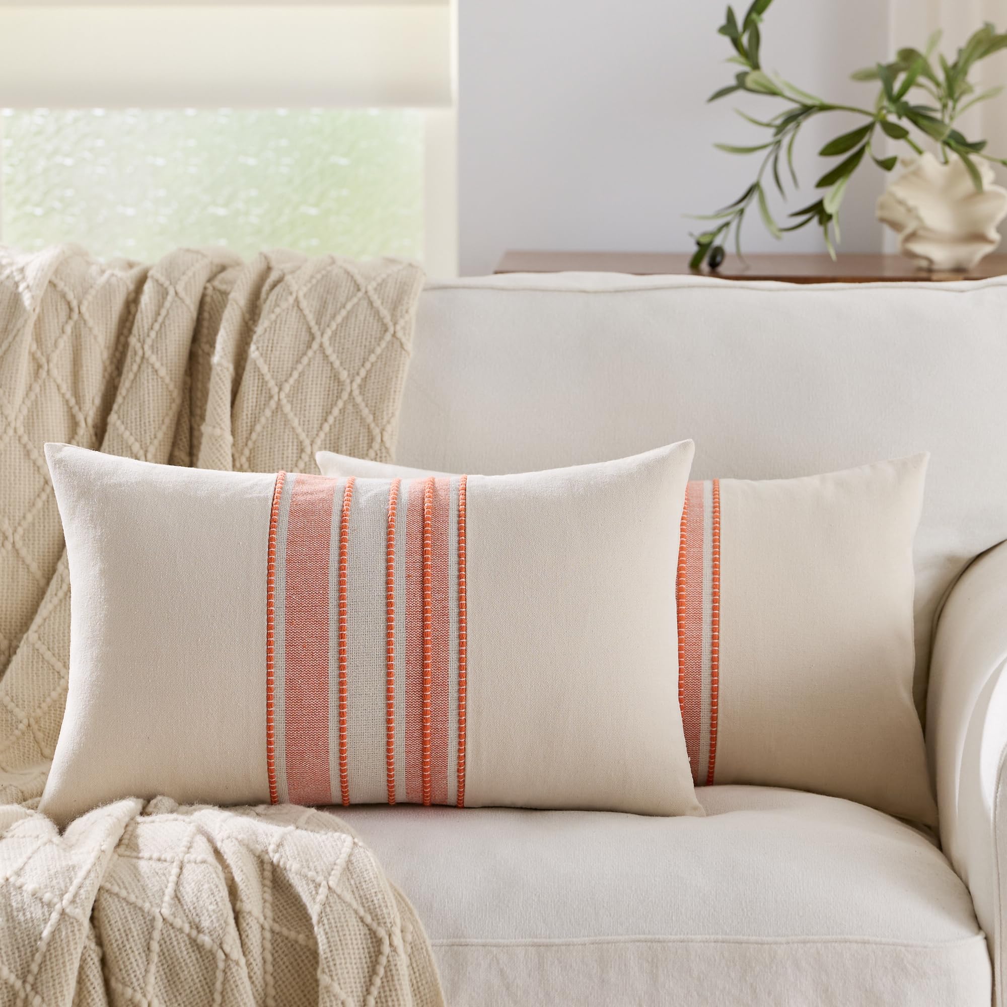 Striped Linen Textured Throw Pillow Covers 18x18 Inch Set of 2,Boho Decorative Cushion Covers, Neutral Navy Blue Accent Pillowcases for Couch, Sofa, Bed Farmhouse & Modern Living Room Decor