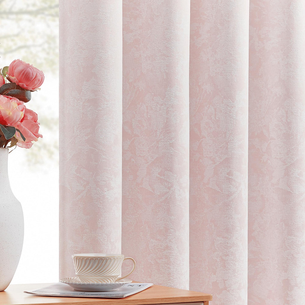 Beauoop Beige Floral Jacquard Blackout Curtains 90 Inches Long 2 Panels for Bedroom Living Room Chenille Flower Room Darkening Thermal Insulated Soundproof Rod Pocket Back Tab Window Drapes 52x90