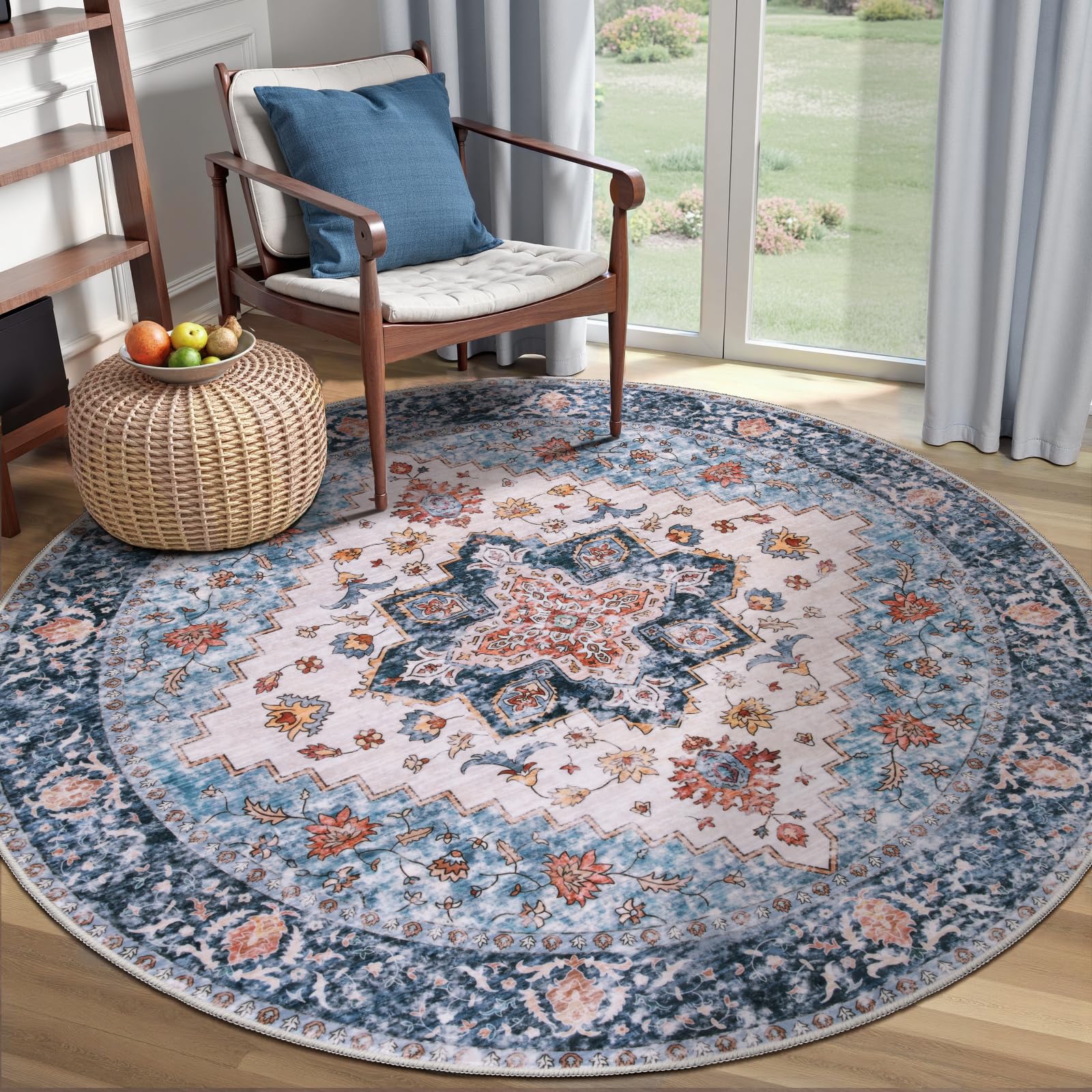 SERISSA Washable Rugs 8x10 Area Rugs, Large Non-Slip Boho Living Room Rust Rug, Ultra Soft Vintage Print Distressed Oriental Tribal Farmhouse Carpet for Dining Room Bedroom Dorm Office Home Decor