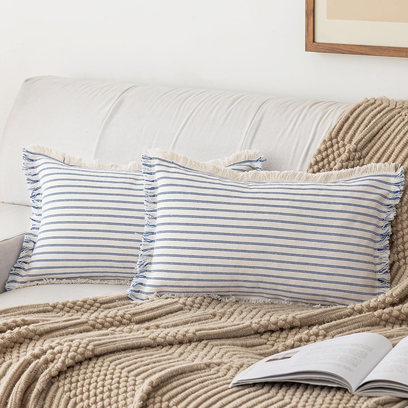 YEENAASY Throw Pillow Covers 18x18 Set of 2 Striped Fringe Pillow Cover Farmhouse Cushion Covers with Tassel Neutral Boho Pillows Decorative Square Pillowcase for Couch Sofa Bed, Khaki