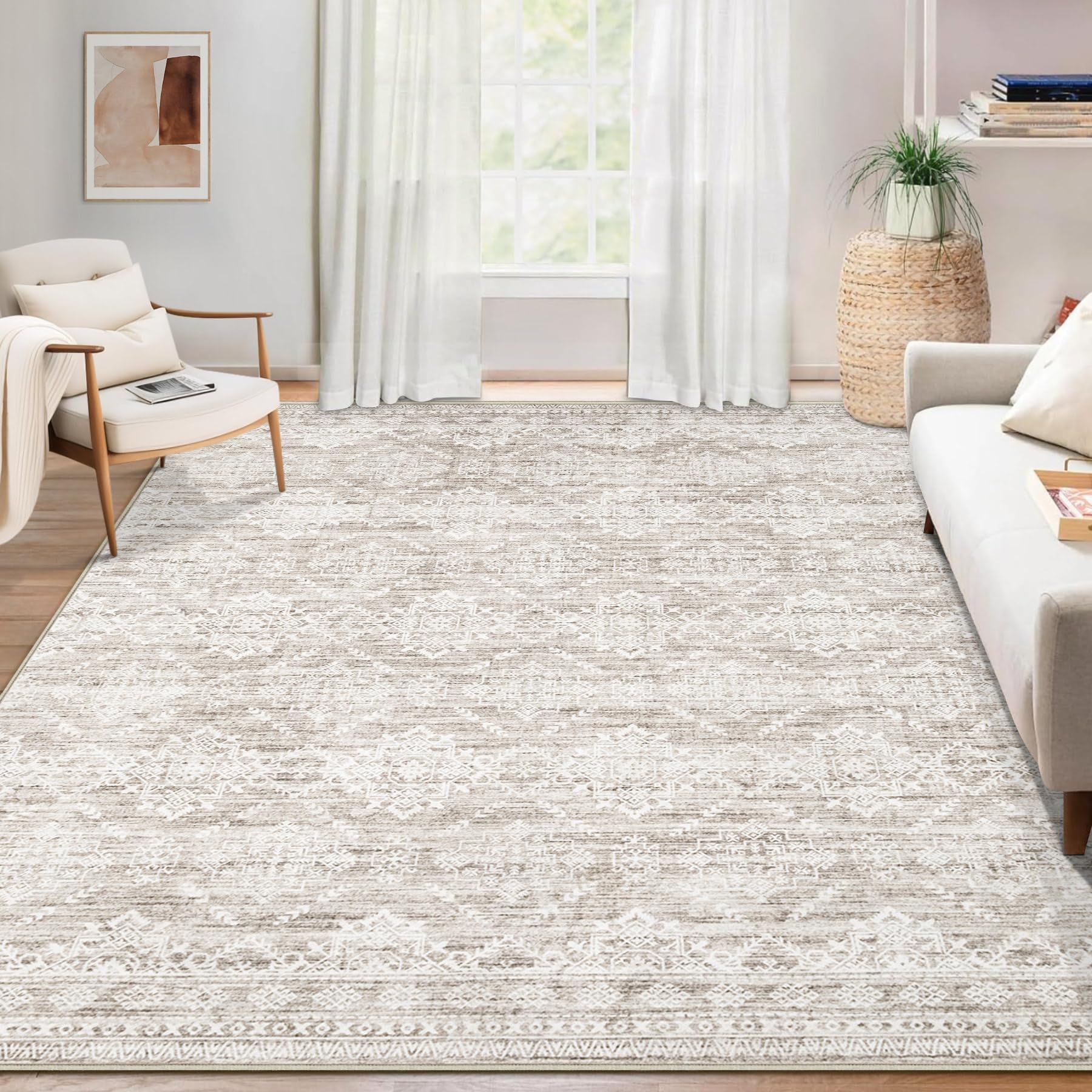 Area Rug Living Room Rugs 8x10 - Large Soft Boho Geometric Rug, Non-Slip Foldable Washable Rugs Non Shedding Morden Indoor Floor Carpet for Living Room Bedroom Office Dining Room(Brown Green,8'x10')