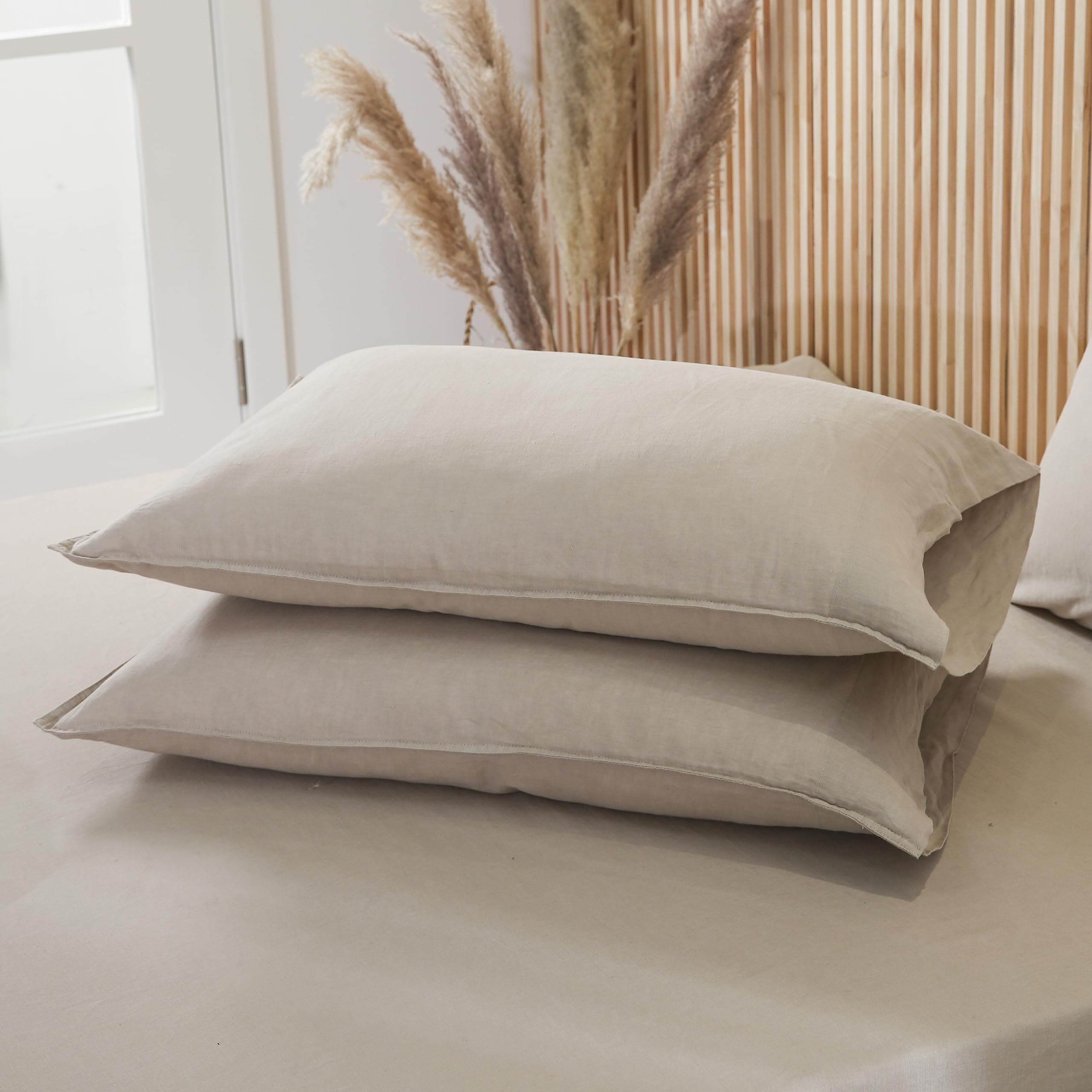 Striped Linen Pillow Cases Set of 2,20"x30" Standard/Queen Size,100% French Natural Flax Soft Linen Pillowcases,Natural Stripe
