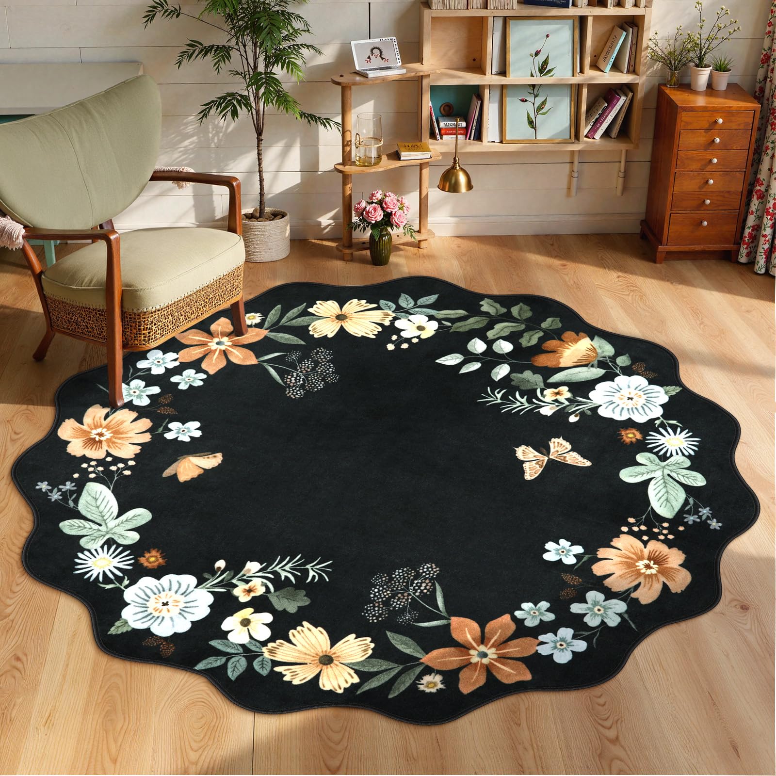 Lahome Floral Living Room Rugs, Area Rugs 5x7 Rug for Bedroom Ultra-Thin Soft Rug, Non-Slip Washable Rugs Stain Resistant Boho Rug Flore Throw Rug for ‎Dining Room Office (5x7ft,Green)