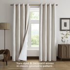 Beige and Silvery 100% Blackout Jacquard Geometric Pattern Curtains,52 Inch Wide 84 Inches Long 2 Panels, Thermal Insulated Noise Reducing Anti-Rust Grommet Drapes for Bedroom Living Room, Cream