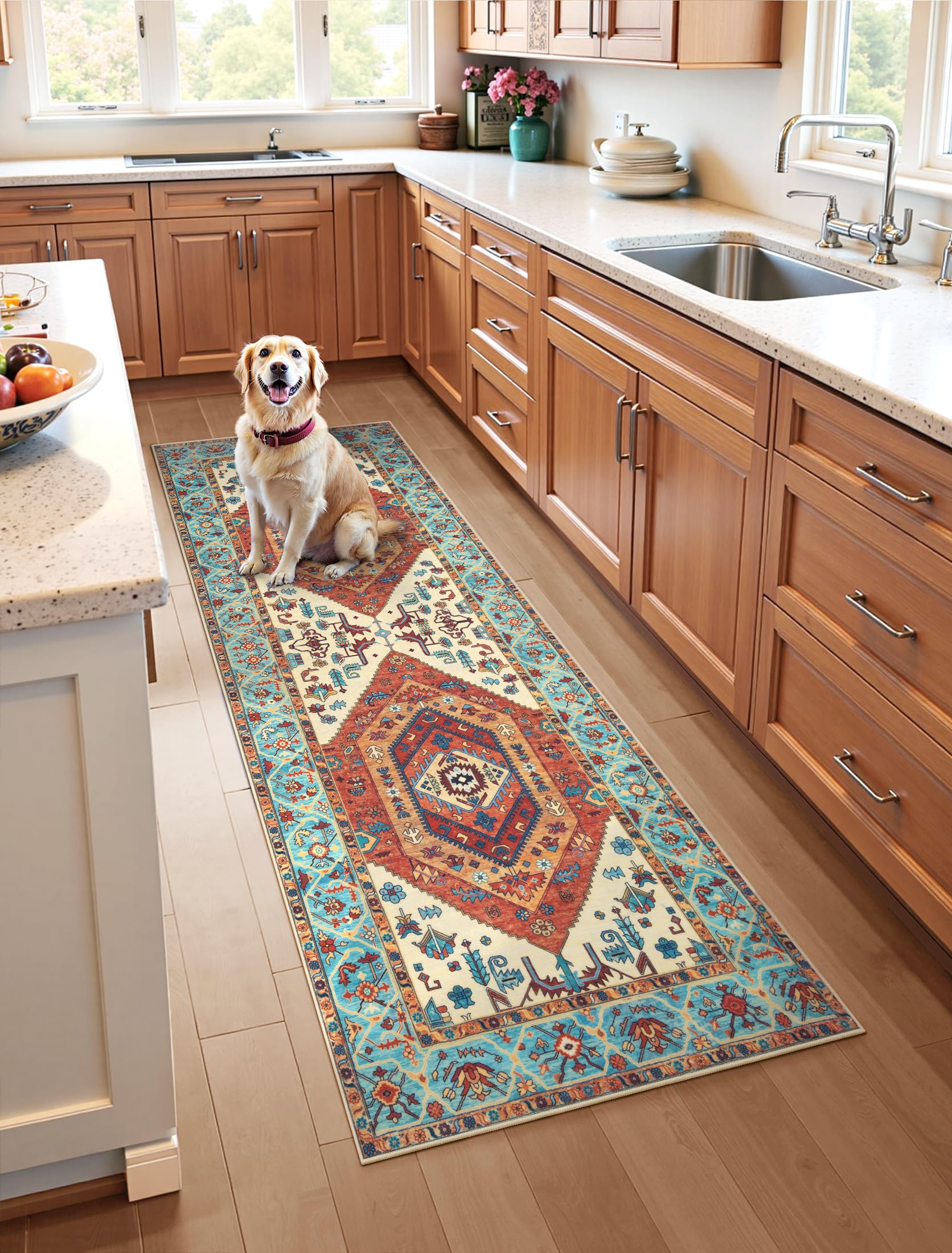 SERISSA Washable Rugs 8x10 Area Rugs, Large Non-Slip Boho Living Room Rust Rug, Ultra Soft Vintage Print Distressed Oriental Tribal Farmhouse Carpet for Dining Room Bedroom Dorm Office Home Decor