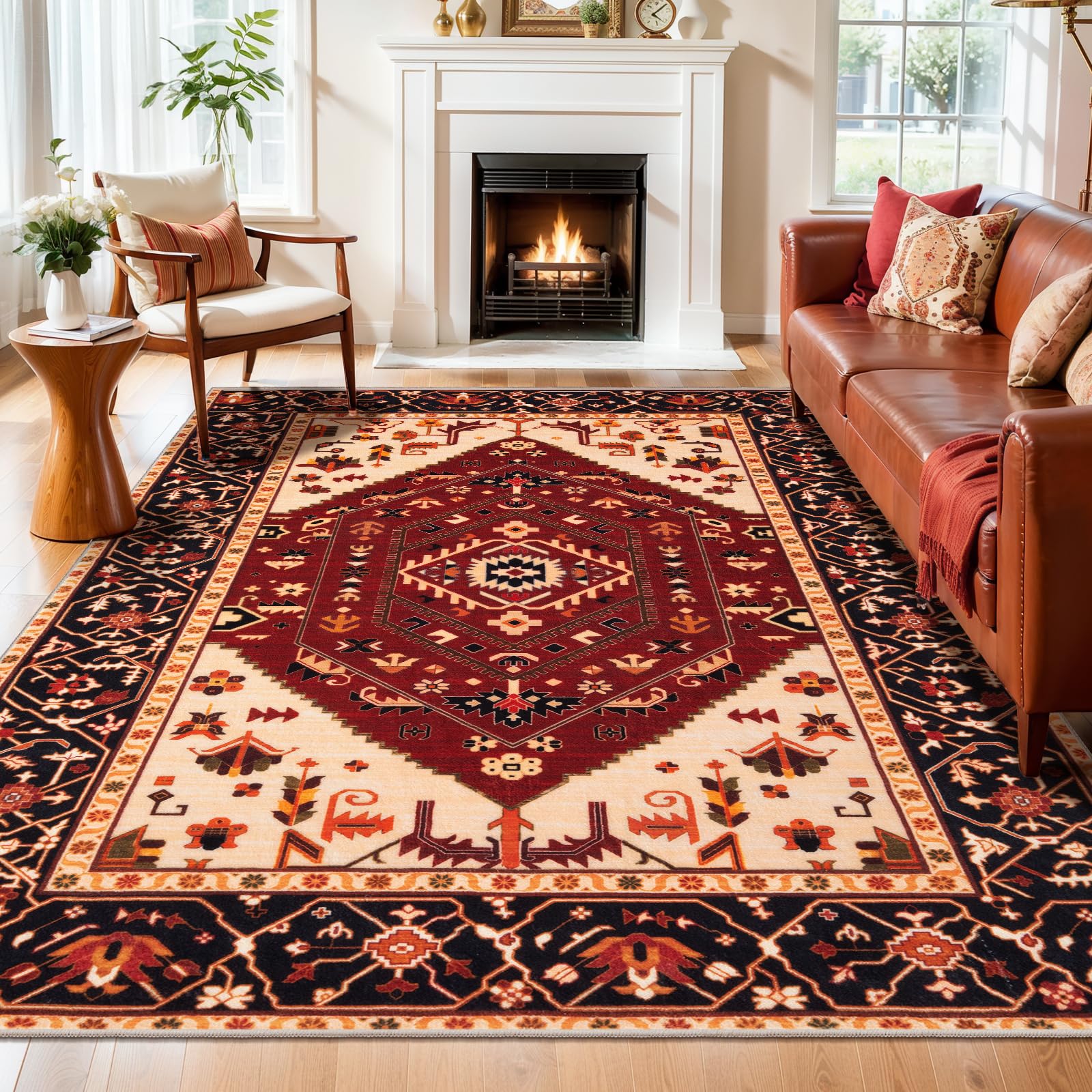 SERISSA Washable Rugs 8x10 Area Rugs, Large Non-Slip Boho Living Room Rust Rug, Ultra Soft Vintage Print Distressed Oriental Tribal Farmhouse Carpet for Dining Room Bedroom Dorm Office Home Decor