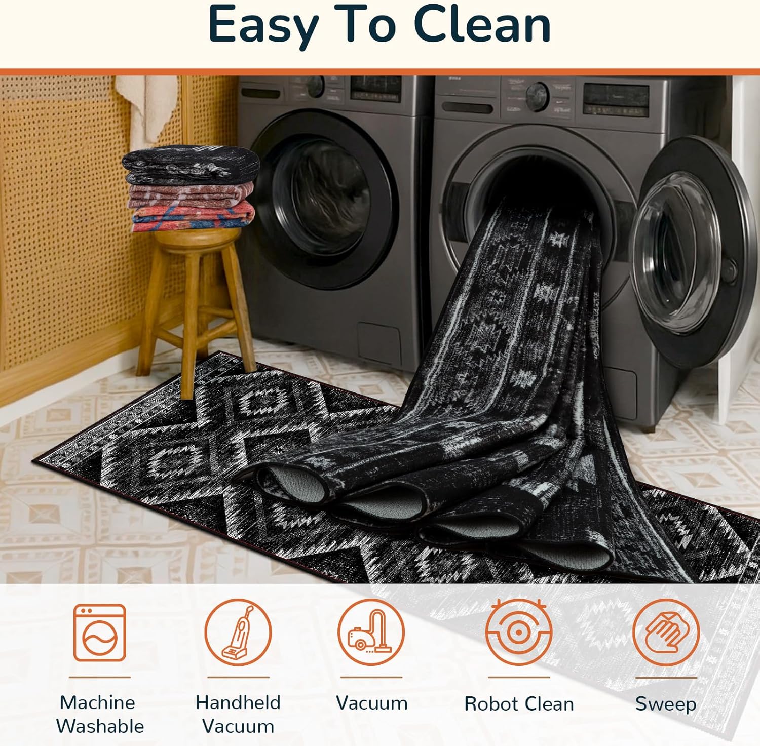 BESTSWEETIE Area Rug 5x7 Rug Machine Washable Non-Slip Low Pile Print Pattern Western Rug for Living Room Bedroom Entryway Tribal Series -Black