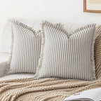 YEENAASY Throw Pillow Covers 18x18 Set of 2 Striped Fringe Pillow Cover Farmhouse Cushion Covers with Tassel Neutral Boho Pillows Decorative Square Pillowcase for Couch Sofa Bed, Khaki